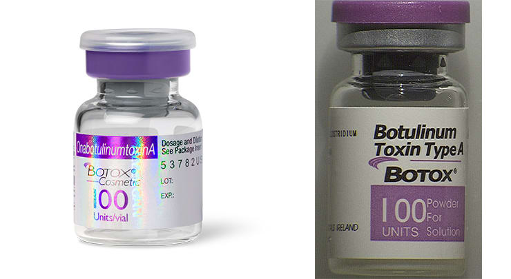 Vial of real Botox and fake Botox side by side comparison.